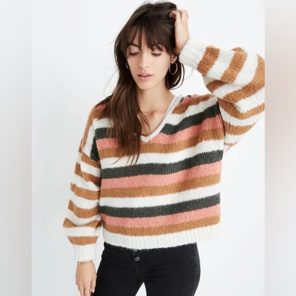 Madewell Balloon-Sleeve Pullover Sweater in Stripe Mix Size Large